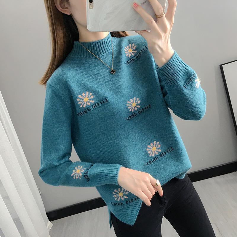 

Осенне-зимний женский свитер с полувысоким воротником, вышитый свитер, утолщенный трикотажный свитер свободного кроя M озеро синий