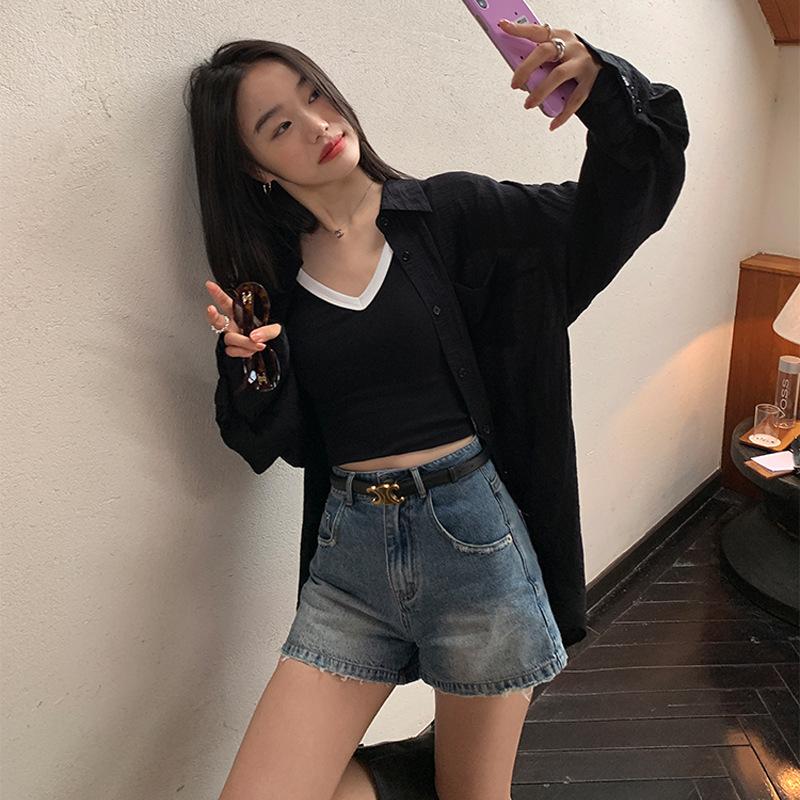 High-end Short Camisole Women's Outer Wear Summer New Contrasting Color High-waisted V-neck Sleeveless Bottoming Top