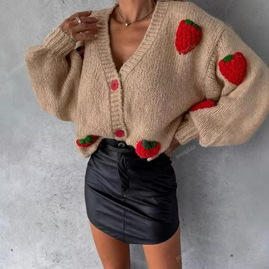 European V-Neck Single-Breasted Strawberry Knit Cardigan