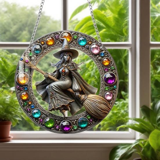Yousheng Halloween Witch Flying Broom Suncatcher Faux Crystal Magic Witch Wall Art Decor Acrylic Stained Glass Window Hanging Sun Catcher for Home
