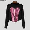 INCERUN Men Stand Neck Long Sleeve Bandage PU Patchwork Casual Cropped Tops T-shirts