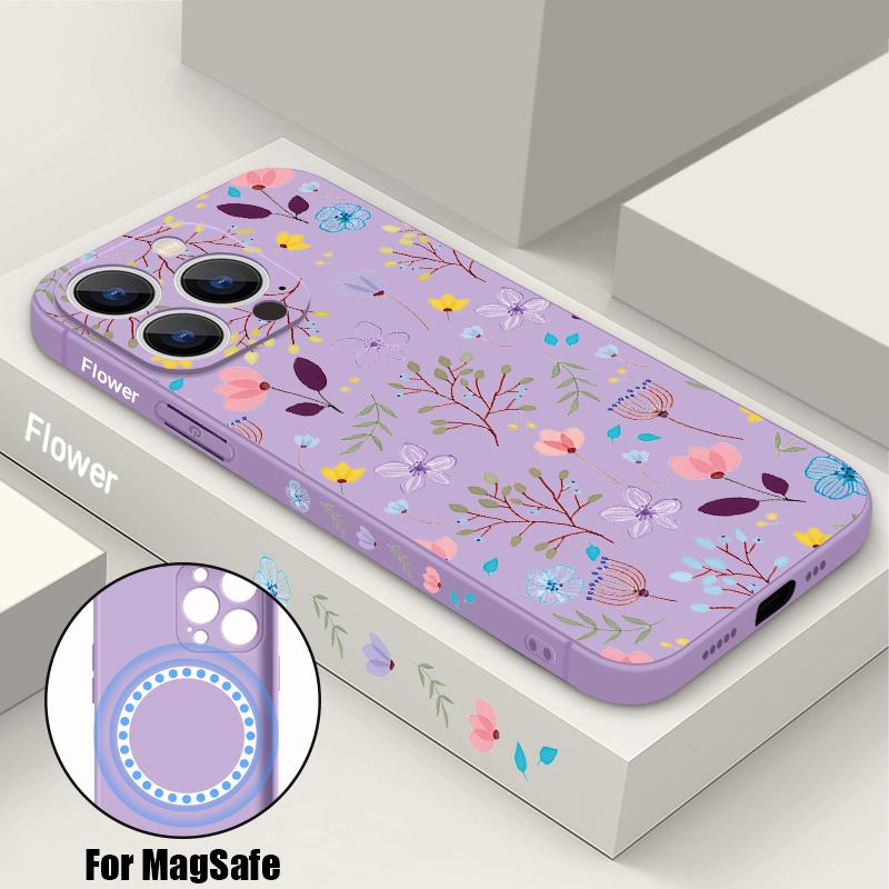 Foral Print Pattern Phone Case For iPhone 16 15 14 13 12 Pro Max 11 16E Magnetic For Magsafe Wireless Charge Soft Silicone Cover