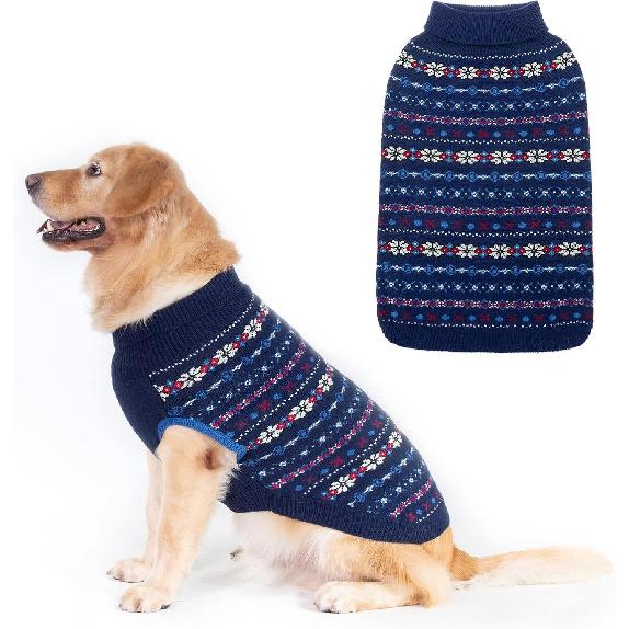 BINGPET Dog Sweaters for Large Dogs,Winter Dog Sweater Warm Clothes Boys Girls with Leash Hole,Classic Snowflake Doggy Knitwear Clothes,Ideal Gift