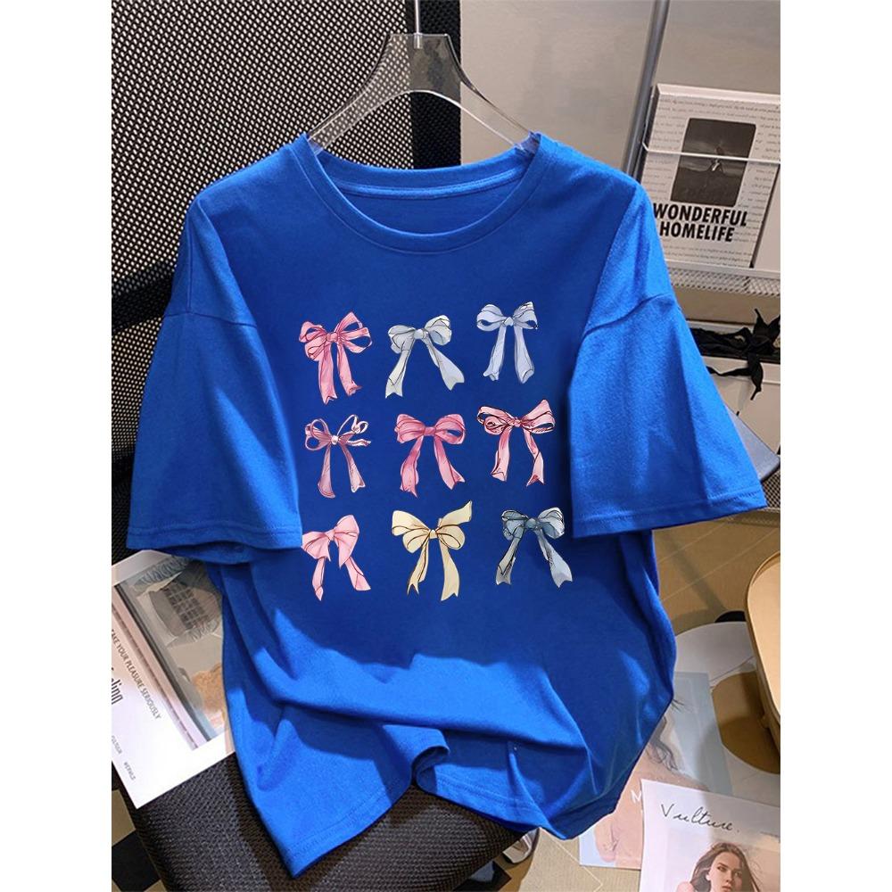 Summer T-shirt Women's Colorful Bow Printed Short Sleeve Comfortable Soft Round Neck Top Holiday Casual Women's Clothing
