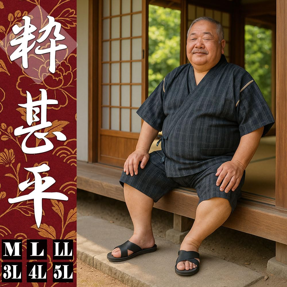 Übergröße Jinbei Oberteil und Hose Größen und Uni und Japanisch 10000481 Herren Set, M, L, LL, 3L, 4L, 5L, Gestreift, Muster, Stilvoll, Jinbei, (Marineblau.3, 3L)