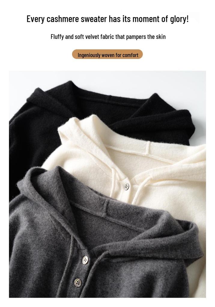 Fall & Winter Women's 100% Cashmere Half-Zip Hoodie - Loose Fit, Versatile Knit Outerwear.