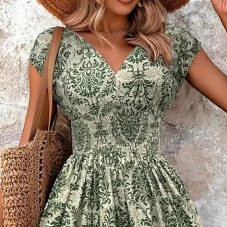 Letní boho maxi šaty s květinovým potiskem, výstřih do V, krátký rukáv, stahovací pas, áčková sukně, sluneční šaty pro ženy