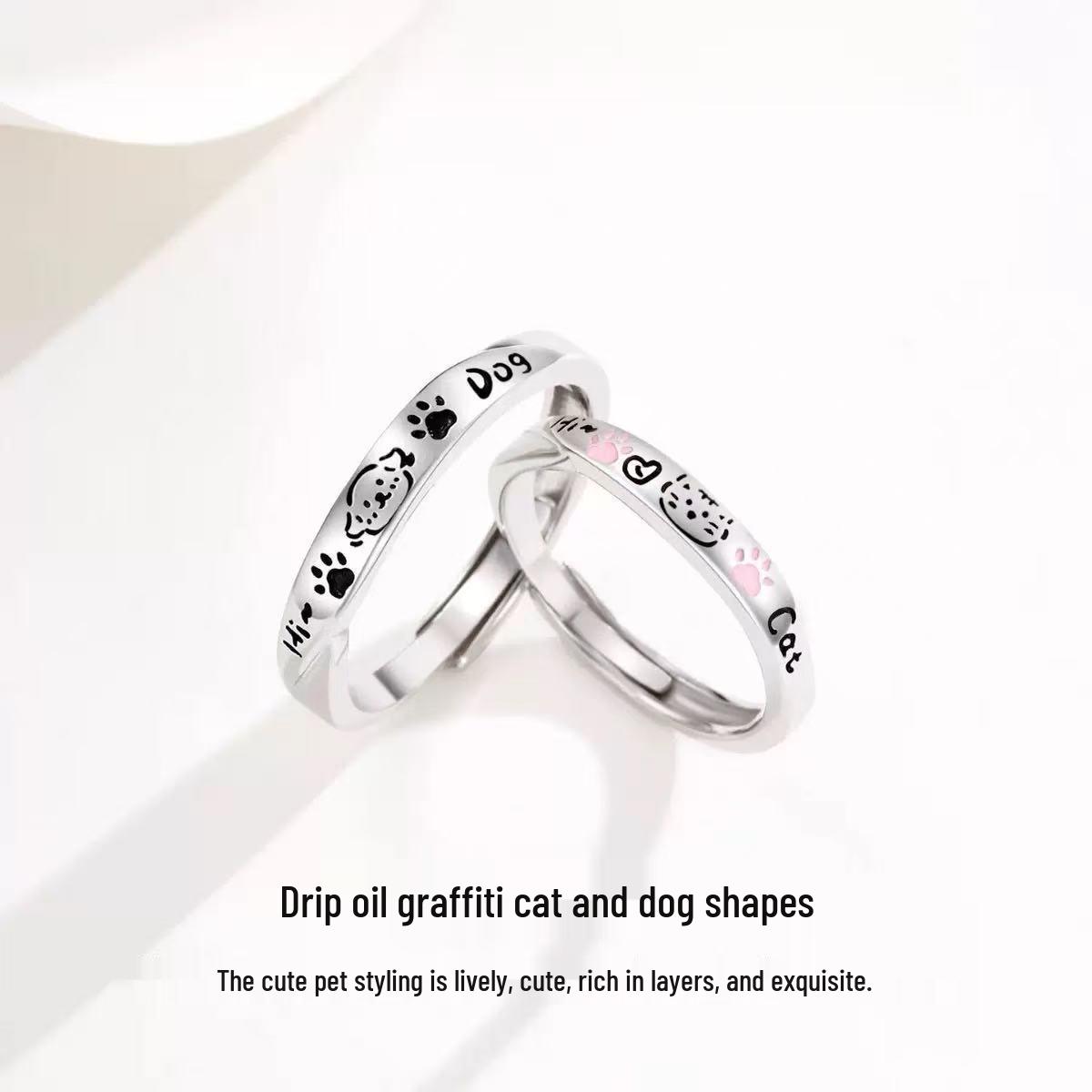 

Cartoon Pet Couple Rings for Him and Her: Cute Kitten & Puppy Design, High-End Student Style Graffiti Cat Dog [Men s]