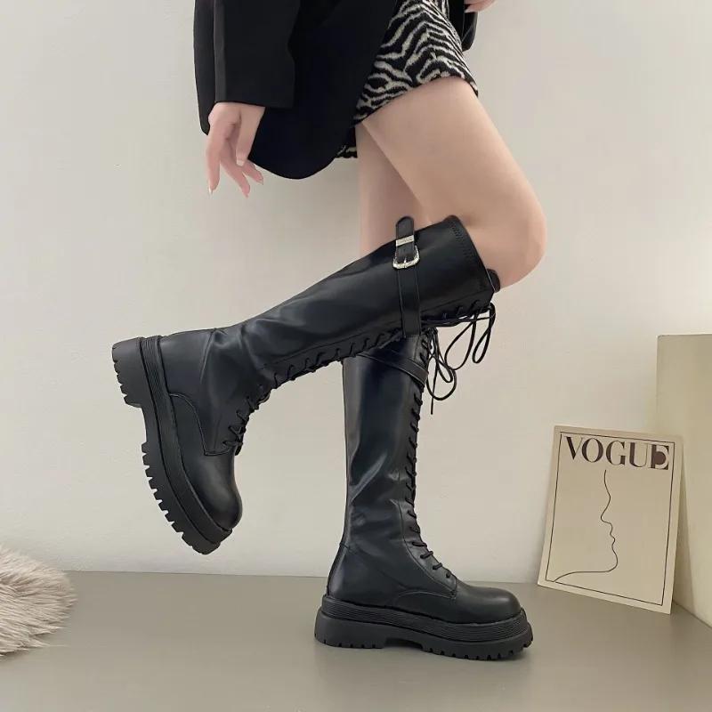 Retro Thick Bottom Motorcycle Boot Black Platform Heels Goth Shoes Heel  Autumn Winter Female Leather Knight Boots