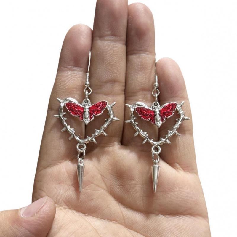 Gothic Punk Moth Rivet Heart Thorns Earrings