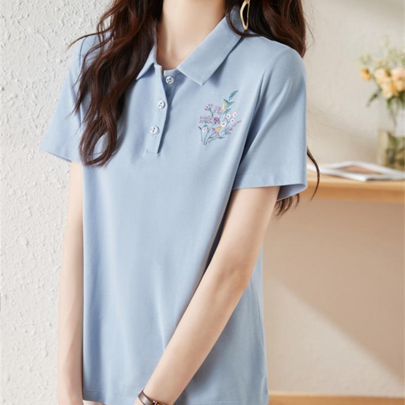 Letní nová špičková vyšívaná květina ins trendy tričko s klopou s krátkým rukávem dámské krátké svrchní oblečení s pololímečkem s pololímečkem