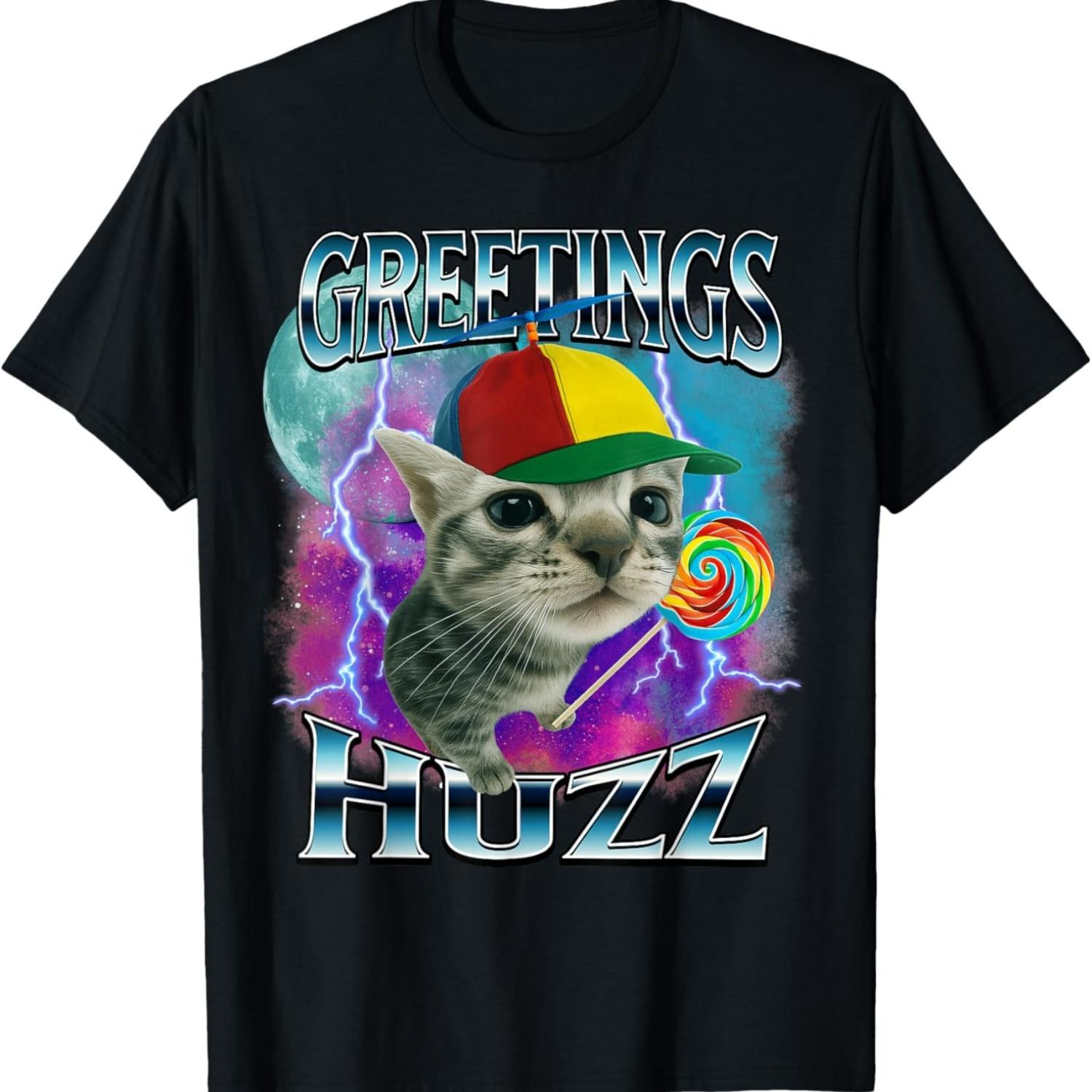 Greetings Huzz Funny Cat Meme Lovers Silly Cats Brainrot T-Shirt S чёрный