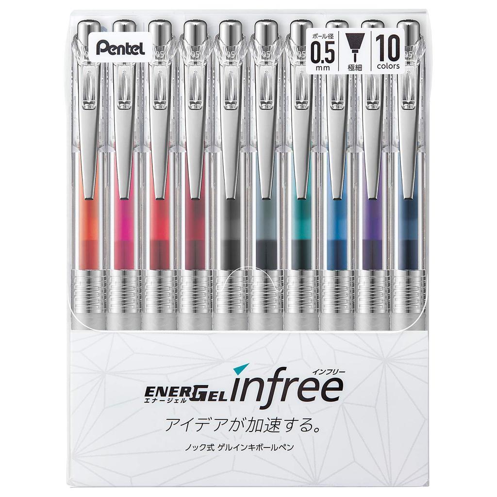 Pentel Gel Ink Ballpoint EnerGel Clear 10 Colors Pen, Infree, 0.5mm, Barrel, BLN75TL-10,