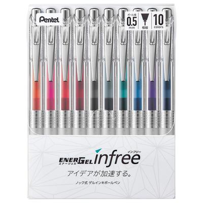 Pentel Gel Ink Ballpoint EnerGel Clear 10 Colors Pen, Infree, 0.5mm, Barrel, BLN75TL-10,