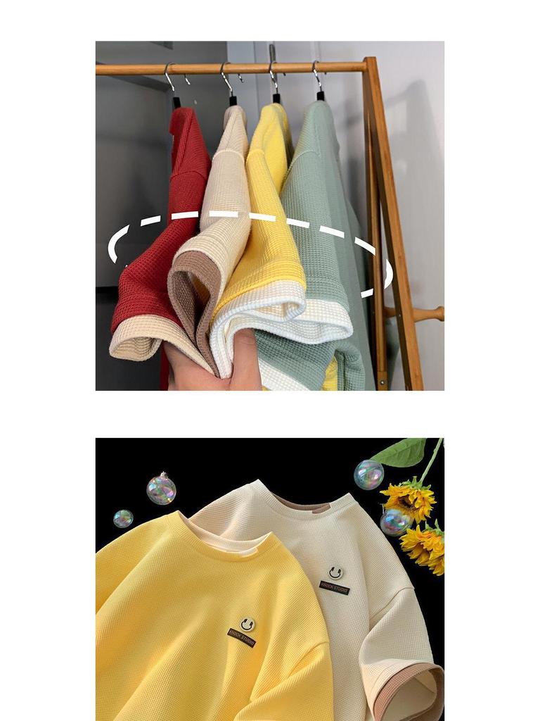 Men's Trendy Waffle Ripped Two-Piece Look T-Shirt, Heavyweight Loose Short Sleeve Summer Top