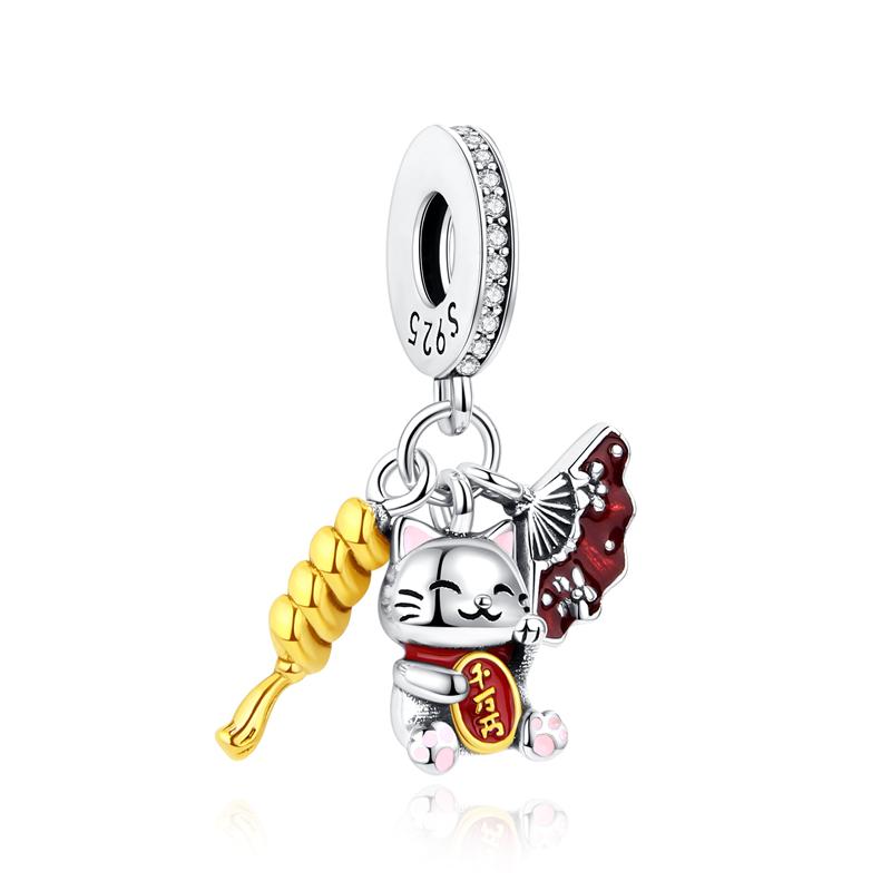 925 Silver Charms Beads Original Japanese Doll Fortune Cat Charm Fit Bracelets Bangles DIY Jewelry For Women