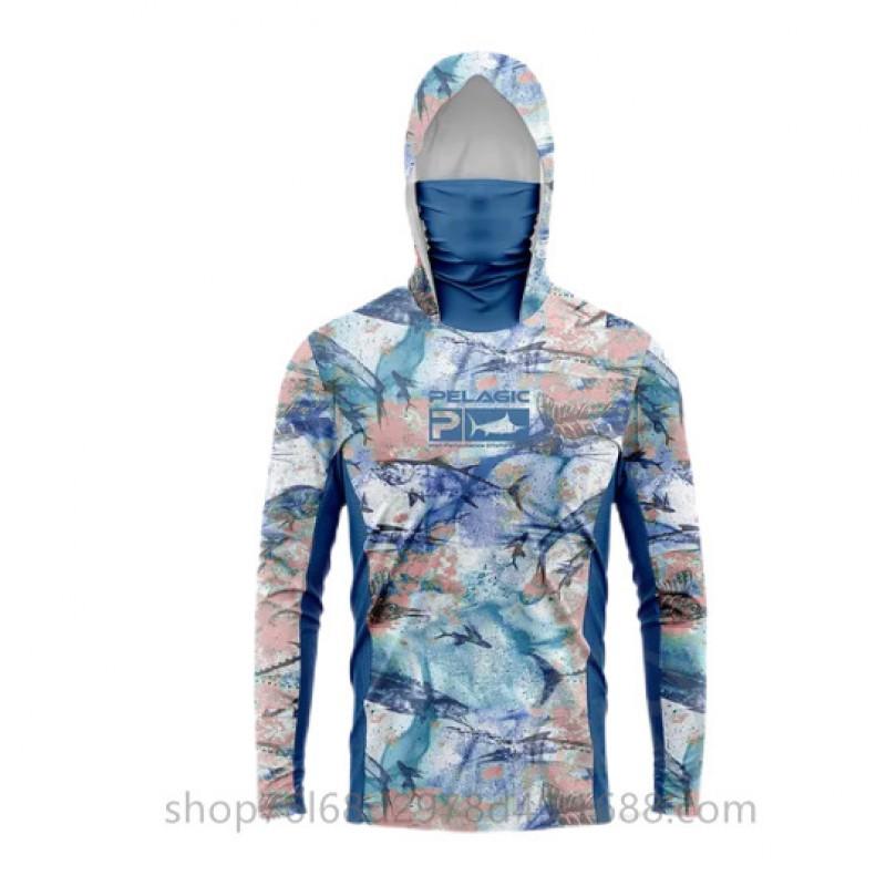 Mens Quick-Dry Ice Silk Long Sleeve Fishing Shirt UPF50 Sun Protection Hooded Tee With Integrated Face Cover