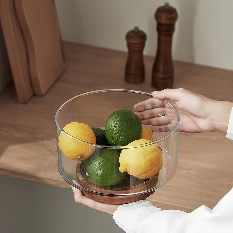 Minimalist Glass Fruit Bowl with Wooden Stand Medium