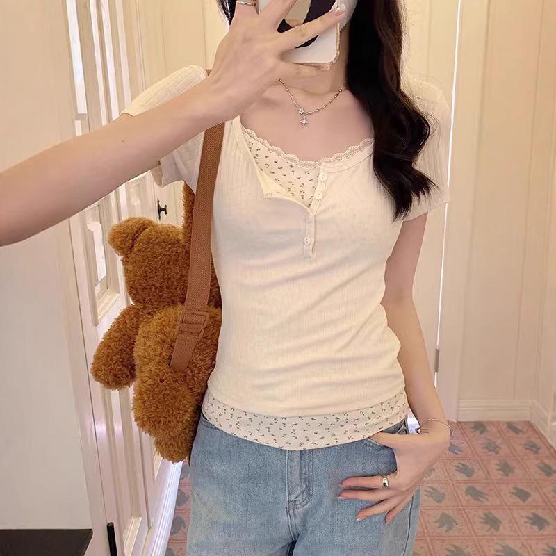 Korean Y2K Lace Faux Two-Piece Short Sleeve Women's Slim Top