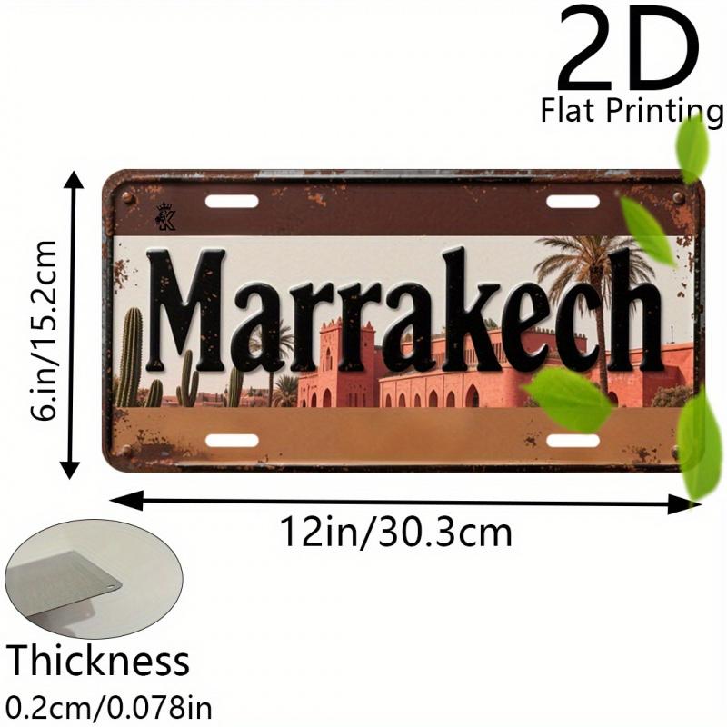 2D Flat, Retro Aluminum Plate, Decorative Plaque & Statues (6"x 12"), Marrakech with Desert Architecture, Travel Themed Decor