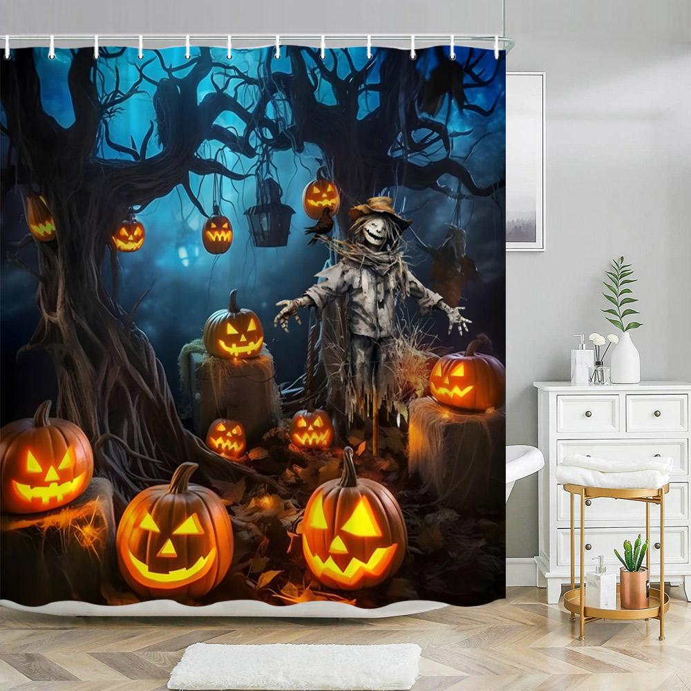Scary Halloween Shower Curtains Black Cat Pumpkin Shower Curtain Witch Purple Bat Spider Web Cloth Shower Curtain Bathroom Decor