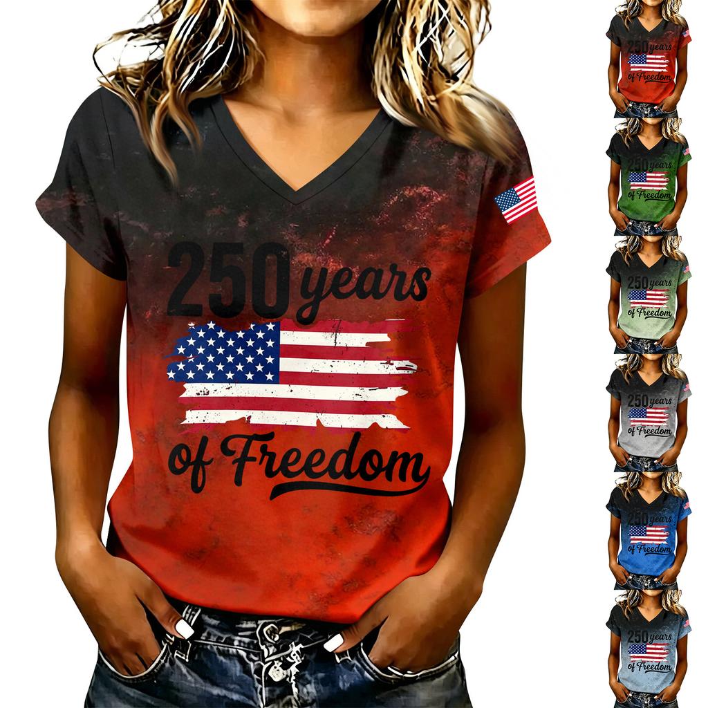 Camiseta casual de manga corta con cuello en V para mujer con estampado de letras Gráfico 250 Años de Libertad Camiseta ligera cómoda para el uso diario