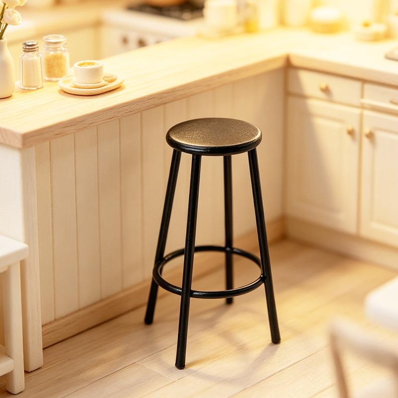 1Pcs Dollhouse Kitchen Cafe Furniture Decoration 1:12 Scale Miniature Bar Stool Metal Round Chair Model
