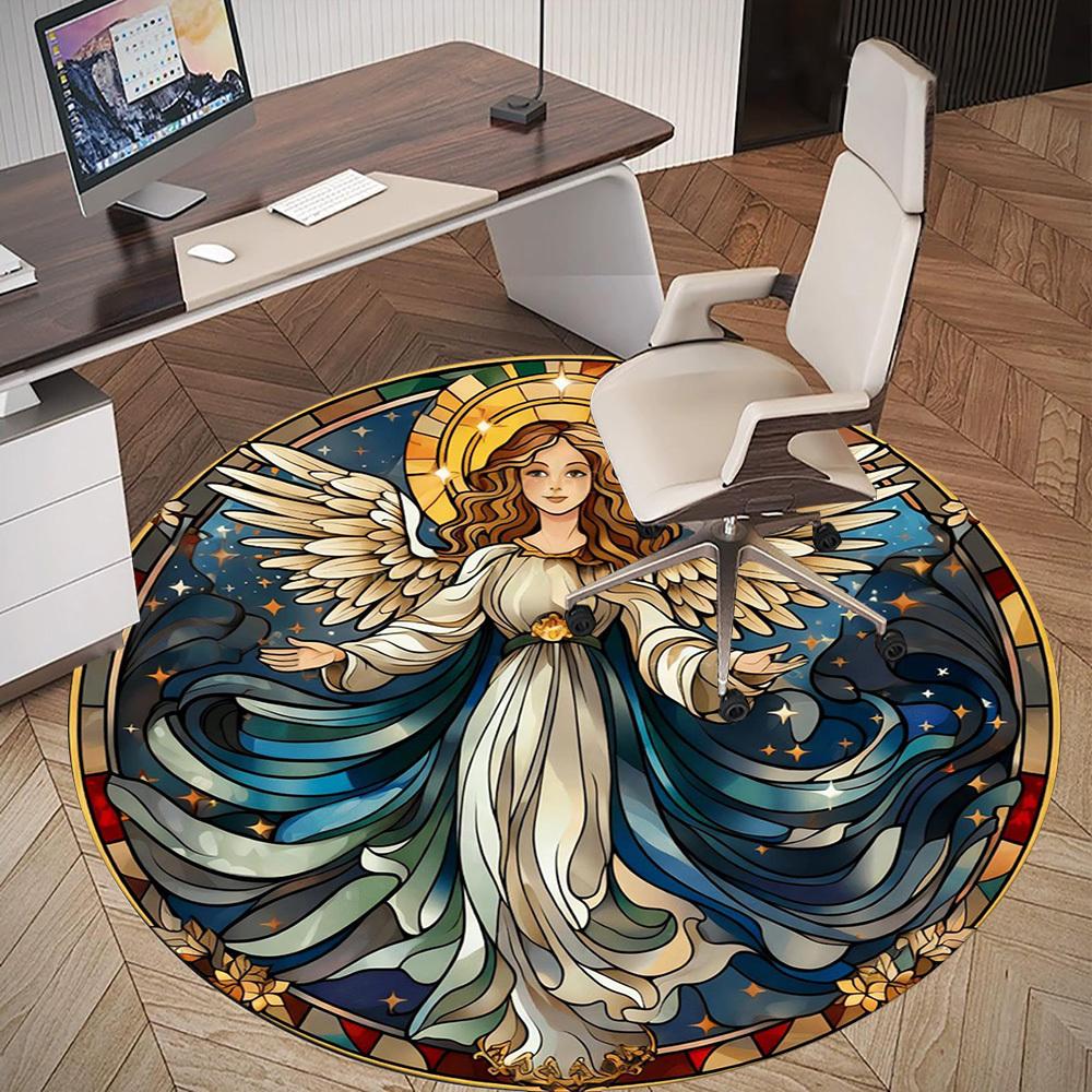 1pc Angel Stained Glass Round Chair mat office Area Rug - Non-Slip, Floor Mat for Office, Bedroom, Ideal home decor gift c0112130