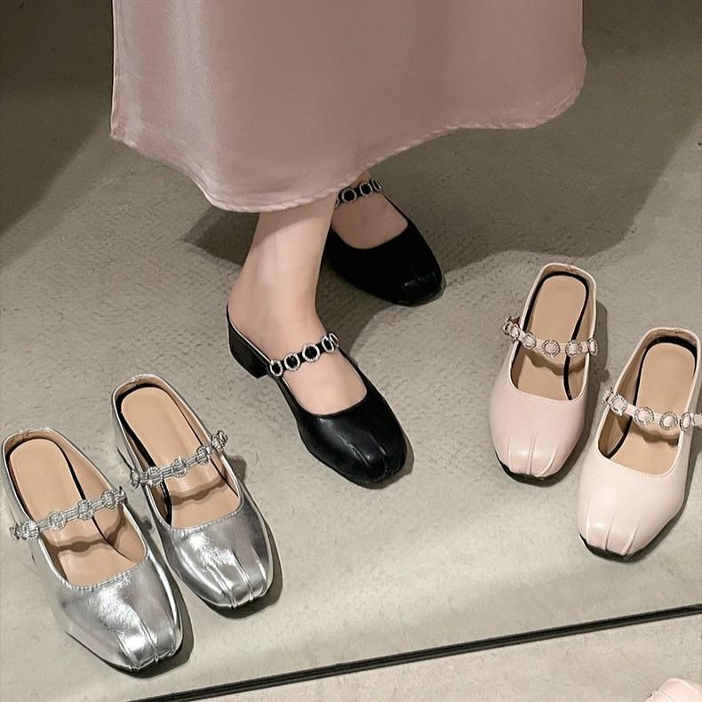 Silver retro premium thick heel bag head slippers women's summer wear 2025 new with skirt French cool slippers