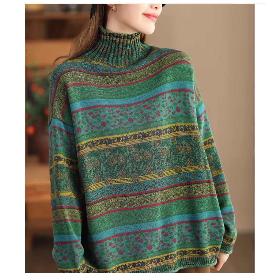 Spring Retro Fried Color Printed Sweater Women's Loose Half-high Collar Long-sleeved Cotton Pullover Sweater