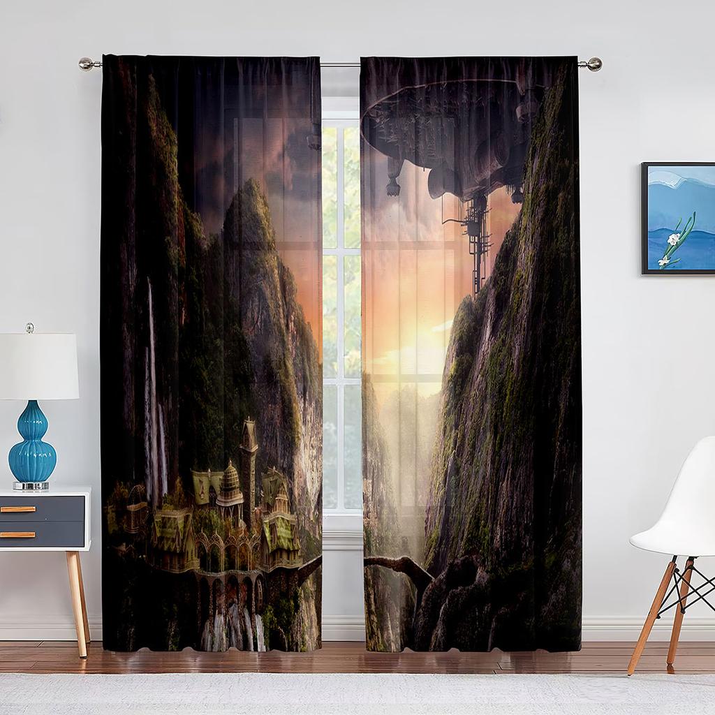 Schloss im Himmel, Fantasielandschaft, Tüll-Voile-Vorhang für Wohnzimmer, Schlafzimmer, Küche, Chiffon, durchsichtig, Fensterbehandlung, Dekorationen