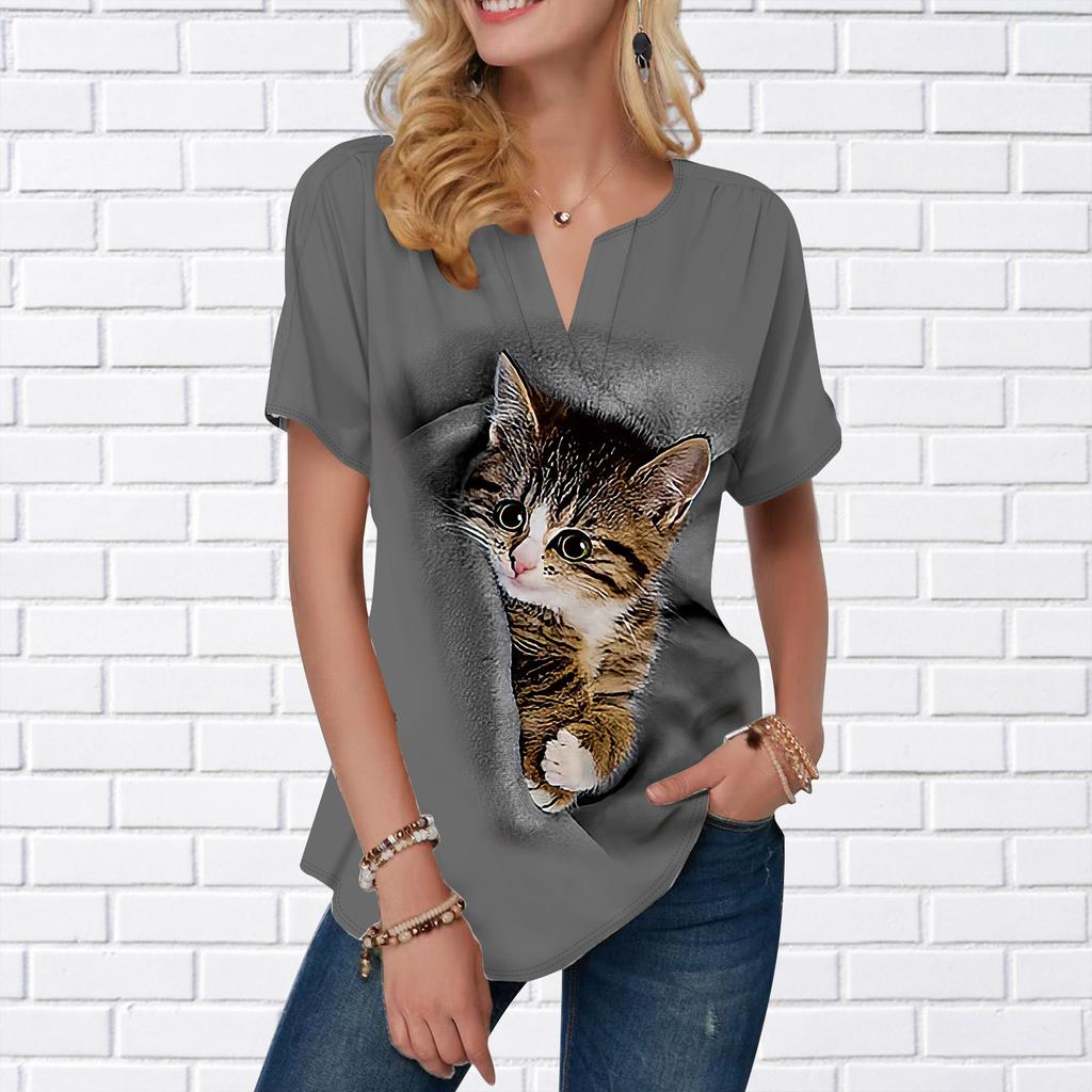 Women Summer T Shirt Green Eyed Cat Print Short Sleeve Tees Casual Printed Tops Small V-neck Short Sleeves