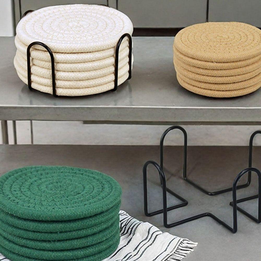 6Pcs Heat-resistant Woven Round  Coaster Set with Holder Tableware Mat Cup Coaster  Household