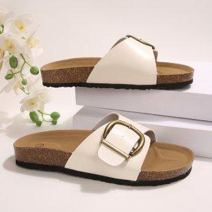 2025 Damen Schuhe Flache Sohle Mattes Leder Kork Pantoletten Herren und Damen Strand Outdoor Freizeit Pantoletten 43 weiß