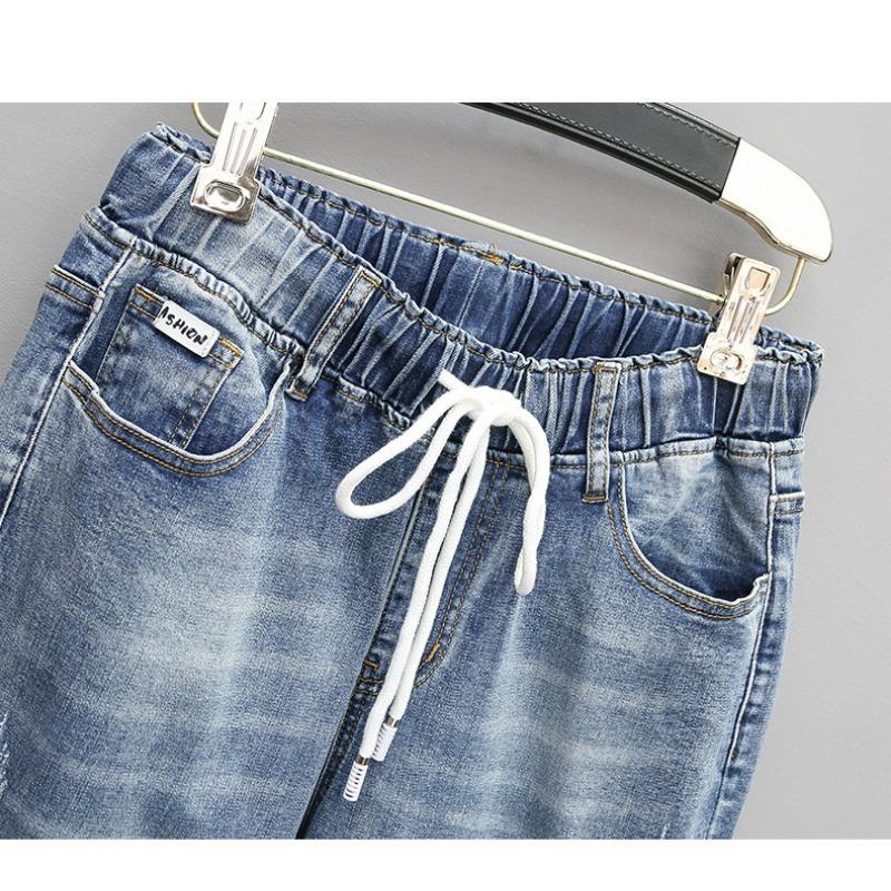 Damen Hellblau Gewaschen Used Elastischer Bund Kordelzug Harlan Jeans Aufgeschlagene Manschette Lässige Jeanshose