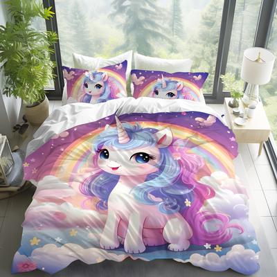 Dreamy Unicorn Duvet Cover Set Queen Size,3 Pcs Rainbow Starry Sky Bedding Sets Pink Blue Unicorn Comforter Cover Set for Kids