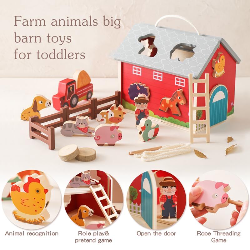 Wooden Simulated Farm Setting Scene Toys  Baby Thread Toy Shape Pairs Multiple And Functional Toys Nursery Decoration Baby Gift