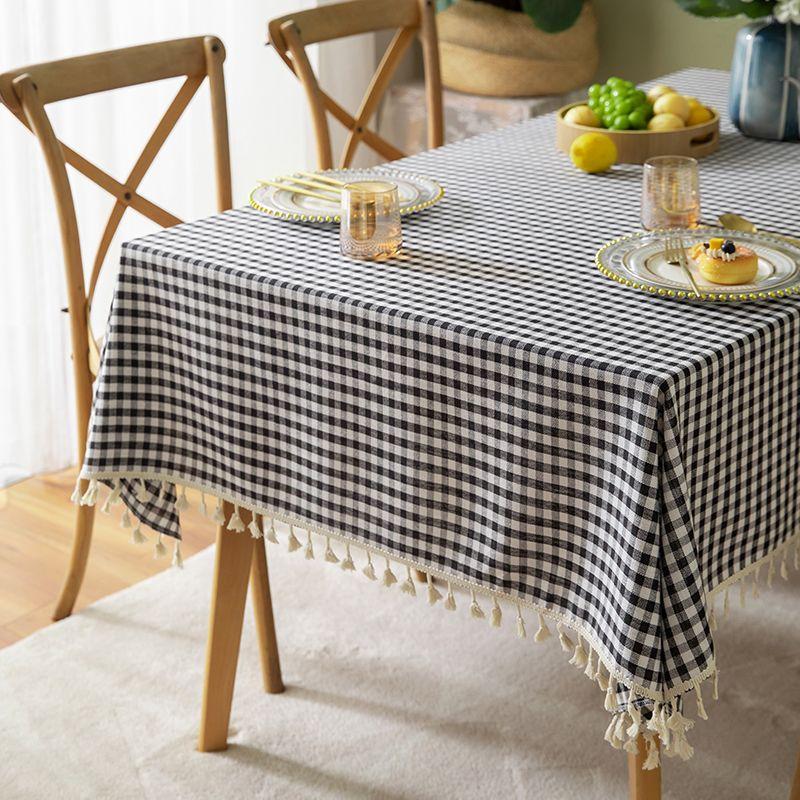 

Japanese Style Fresh Cotton Linen Fabric Gingham Tablecloth Pastoral Style Table Cloth Coffee Table Cloth Tassel Plaid Tablecloth Cover Towel Cotton and linen tassel black Mini Grid 90*90cm