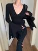 Women's V-Neck Bell Sleeve Slim Fit Slit Top - Autumn Versatile Design