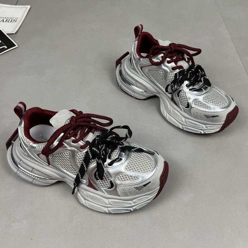 Leather double shoelaces dad shoes women's autumn new mesh breathable lightweight versatile platform casual sports shoes