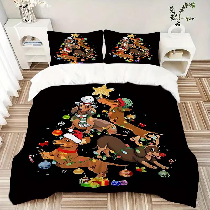3pcs Christmas Tree Dachshund Dog Holiday Comforter Set with 1 Quilt Cover and 2 Pillowcases (No Core), Bedroom and Guest Room