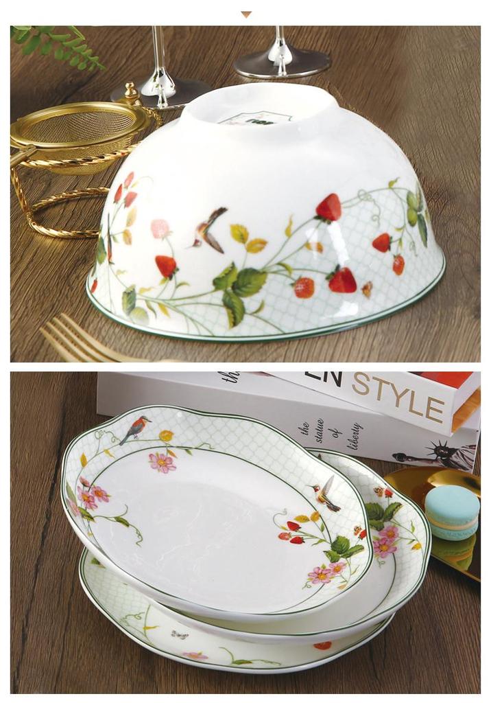 Wild Strawberry Bone China Tableware Set: Ceramic Bowls, Plates, Coffee Cups, and Tea Accessories.