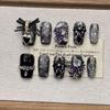 Dark Black French Almond Nails - Handmade Short Wearable for 2026 Trend