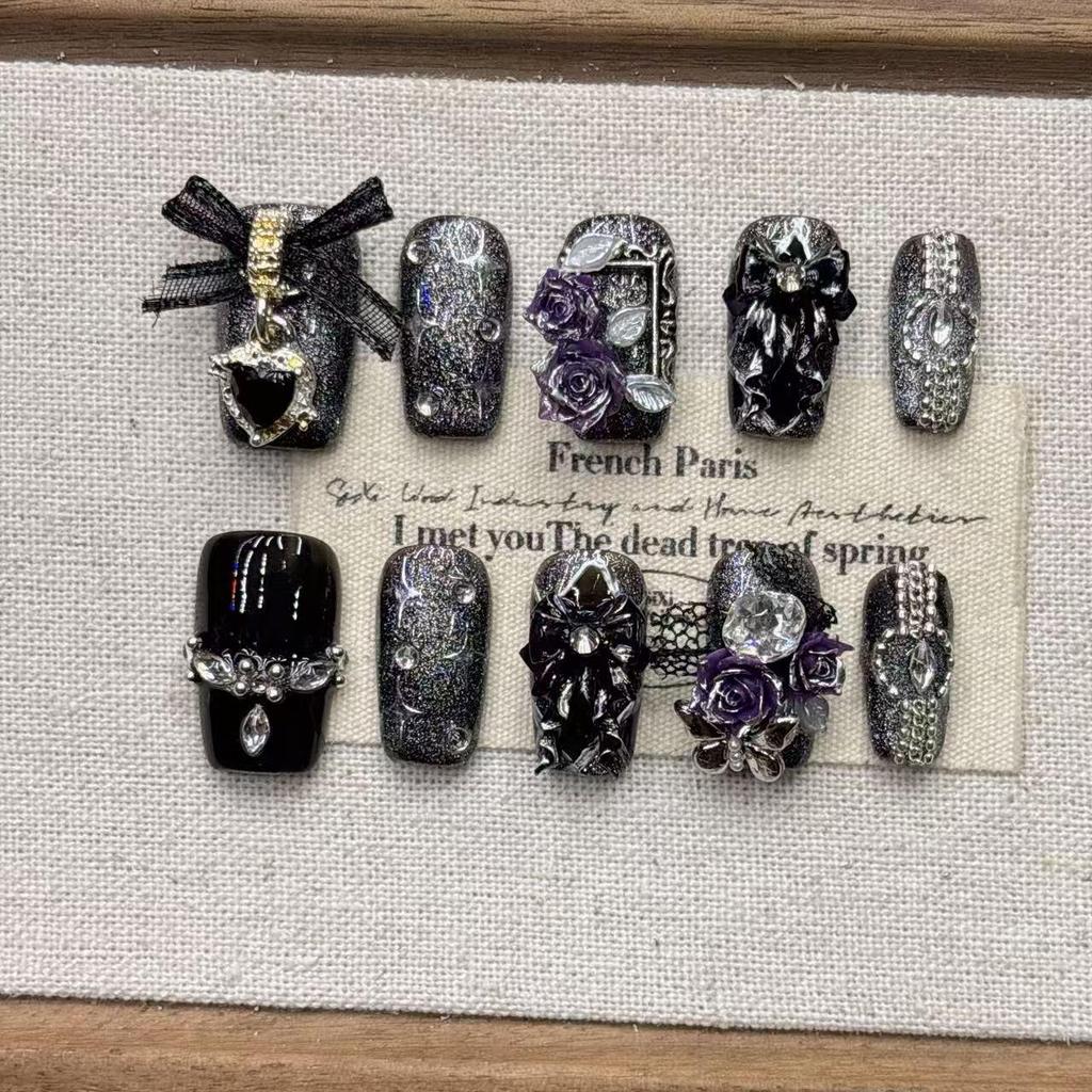 Dark Black French Almond Nails - Handmade Short Wearable for 2026 Trend
