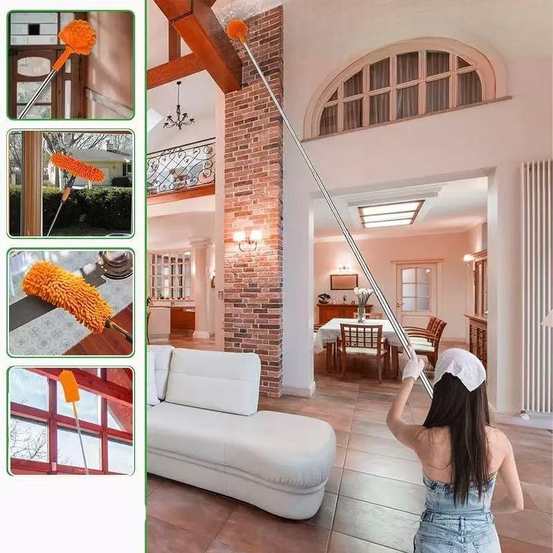 Telescopic Window Cleaning Squeegee & Duster Brush - Double-Sided High Rise Glass Wiper & Cobweb Cleaner Tool