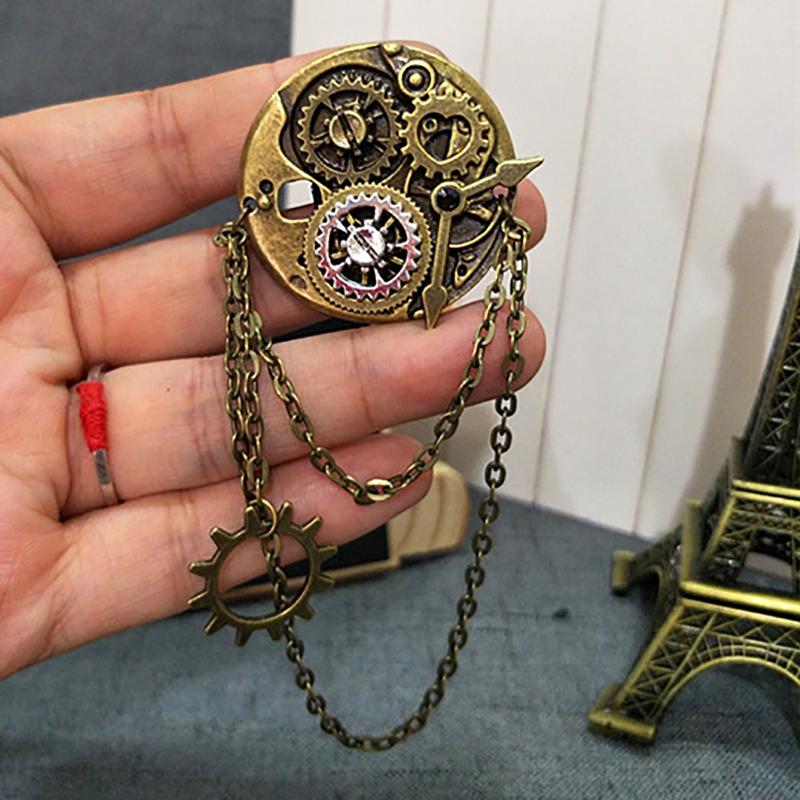 Retro Steampunk Gear Brooches Gear Tassel Chain Lapel Pins Men Shirt Suit Badge Jewelry Accessories