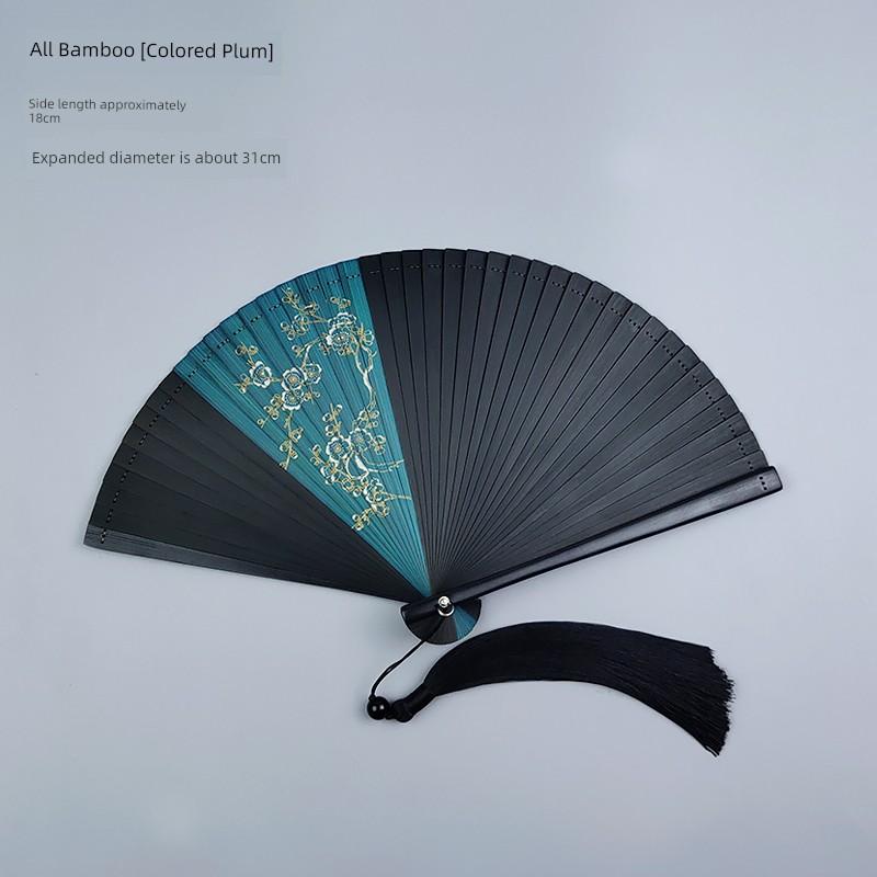 All-Bamboo Folding Fan, Chinese Style, Women's Traditional Style with Tassels, Small Size, Portable, Classical Hanfu Qipao Folding Fan