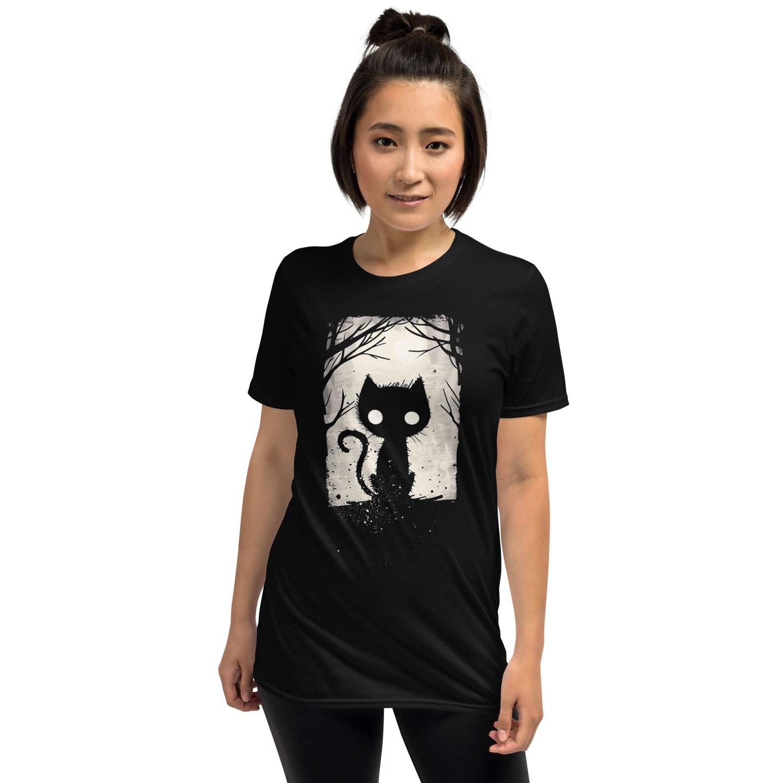 Gothic Black Cat T-Shirt: Mysterious Woods Graphic Tee 4XL