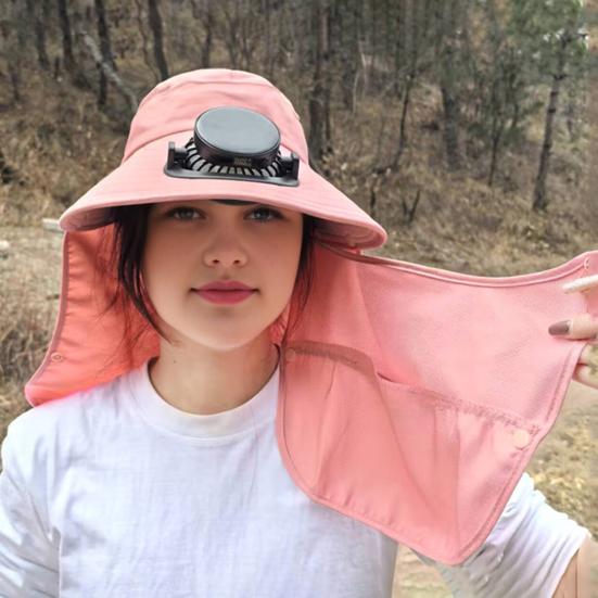 Pălărie de Soare cu Bor Lat și Ventilator Solar pentru Bărbați Femei Pălărie Bucket de Pescuit pentru Exterior cu Apărătoare de Gât și Protecție Facială pentru Drumeții Camping