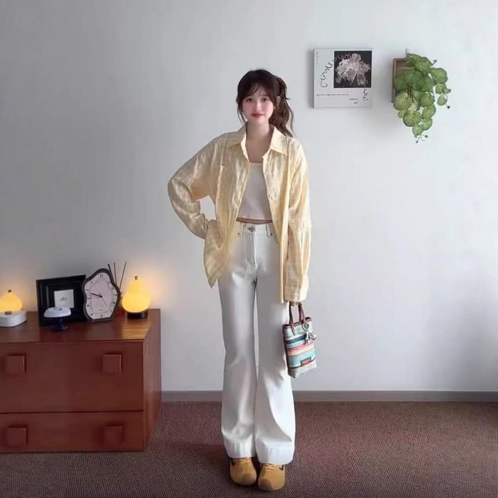 A Super Ethereal and Relaxed Pleated Checkered Shirt for Women, A Loose and Slimming Long-sleeved Shirt, A Sun-protective Cardigan, and An Outer Top
